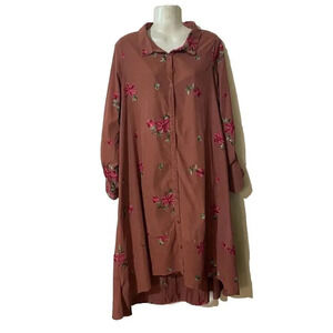 Clear Midi Shirt Dress Floral Embroidery Boho Hi Low Full Button Women F/L